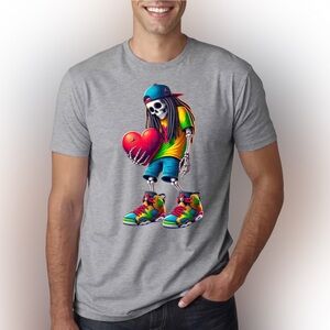 Urban Skeleton Holding Heart Graphic T-Shirt Colorful Streetwear Tee